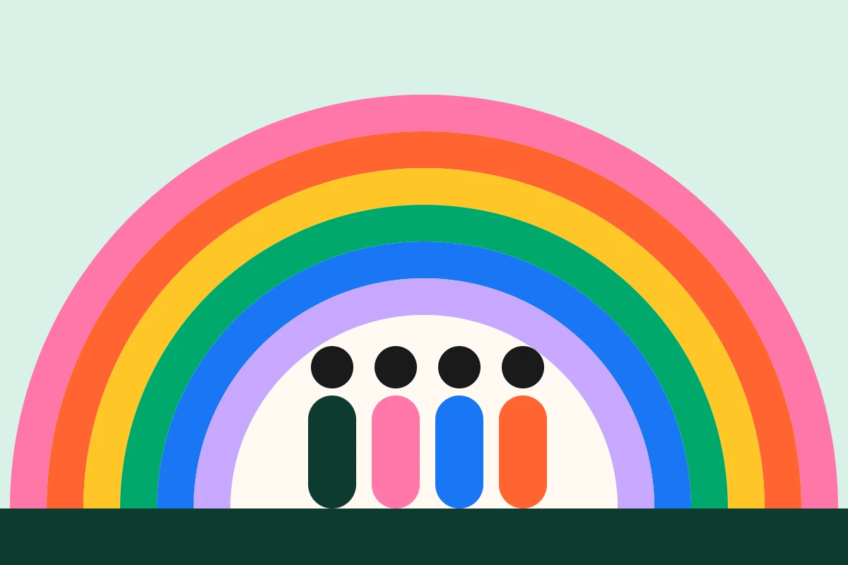 Abstract illustration: four simple figures in brand colours stand together under a large rainbow arch on a mint background.