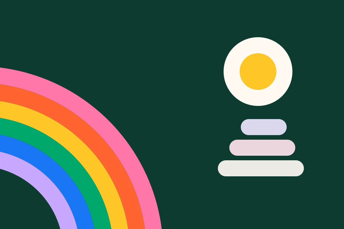 Abstract illustration: rainbow arcs rise from the lower left on a deep green background, beside a stack of soft rounded stones under a warm yellow sun.